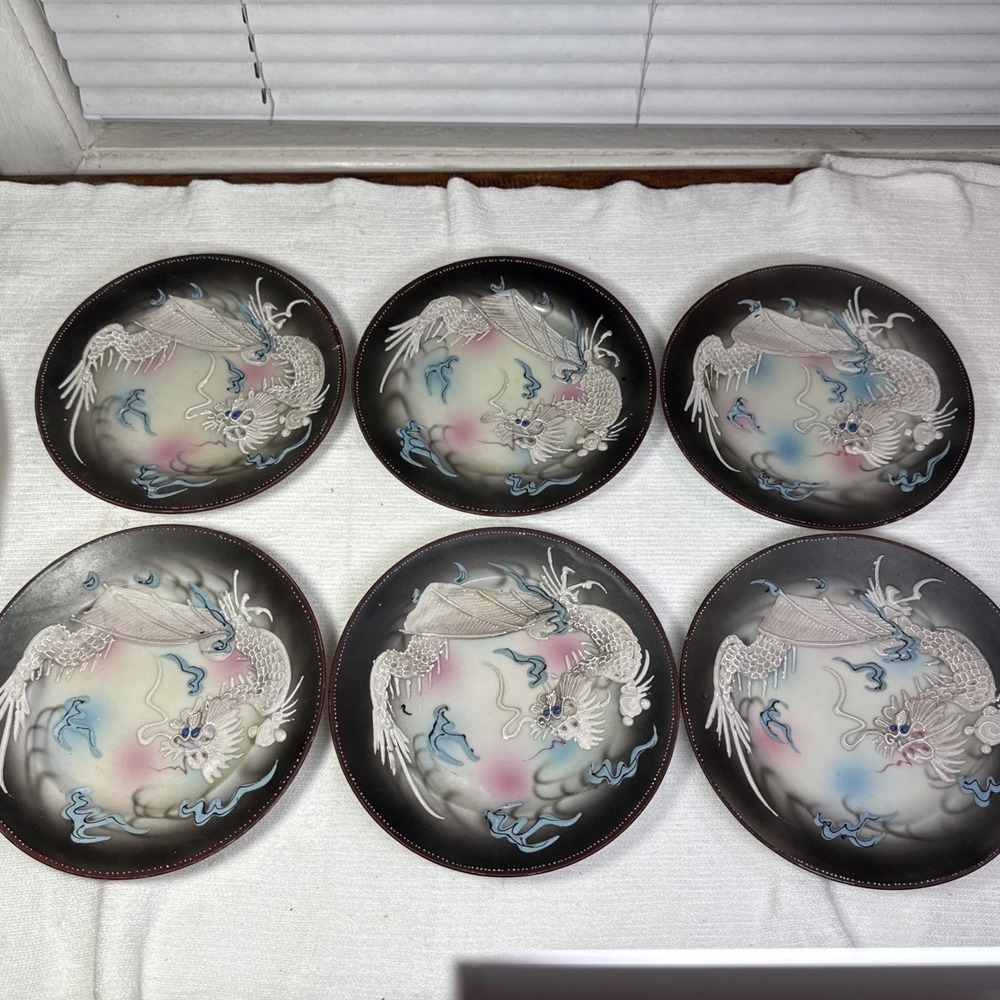 VTG Moriage Raised Dragonware Set Of 6 Salad Plates Hand Painted Japan 7 3/8" D